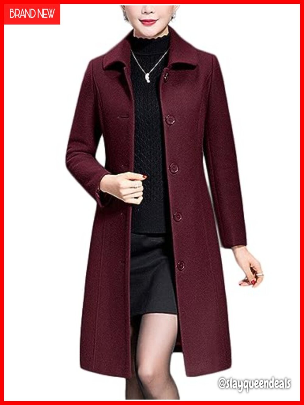Women's Wool Trench Coat Winter Long Thick Overcoat Slim Fit
